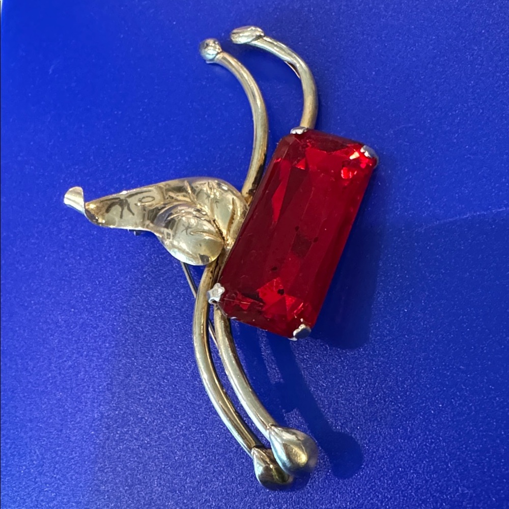 Mid-Century STERLING BY JORDAN Red Emerald-Cut Rhinestone Floral Brooch